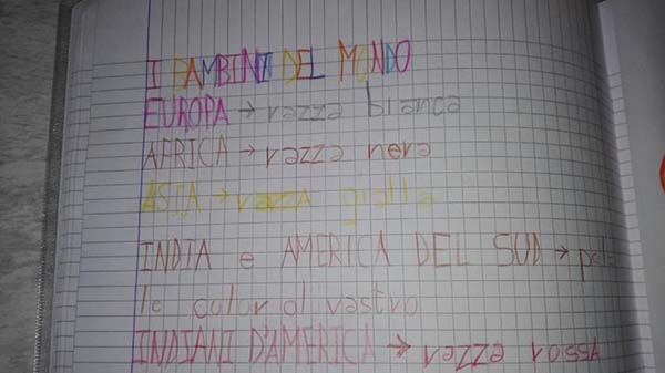 A Vicenza insegnante di religione fa scrivere ai bambini che il mondo è diviso in razze