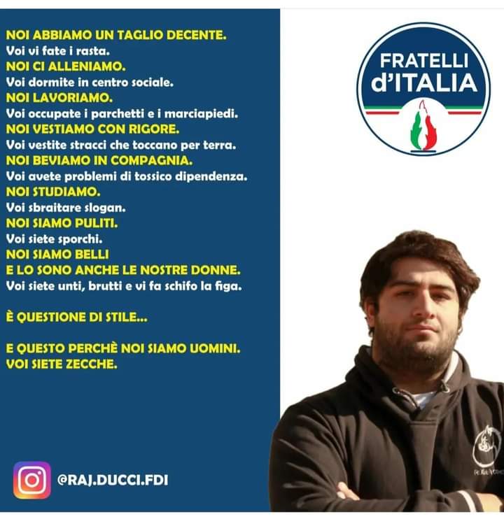 “Noi siamo uomini. Voi siete zecche”. Fratelli d’Italia colpisce ancora