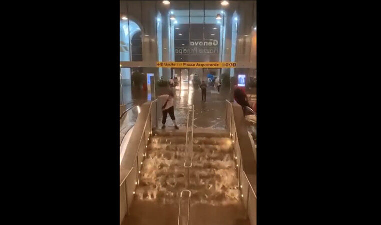 Violentissima ondata di maltempo sulla Liguria. Su Genova venti a 180kmh; caduti 155mm di pioggia. Stazione Principe allagata